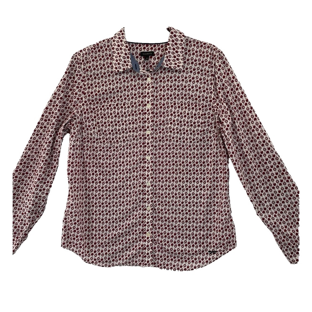 Talbots Women Apple Button Up Blouse Size 12 Long Sleeve Collared White Red‎